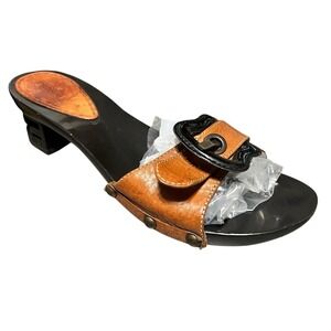 Fendi Leather Mule Sandals Sz 38 Brown Stud Detail Block Baguette Heel Buckle